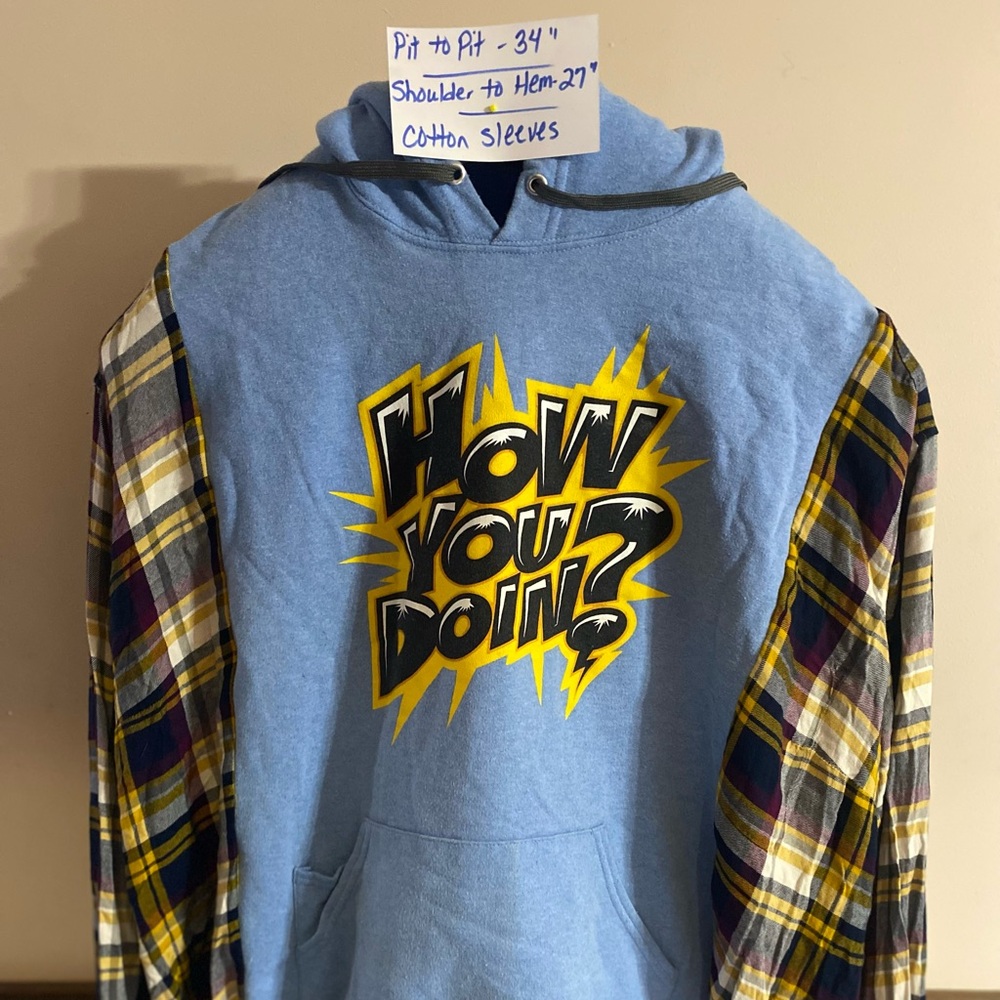 Blue  How You Doing? Hoodie with Plaid Sleeves size XL